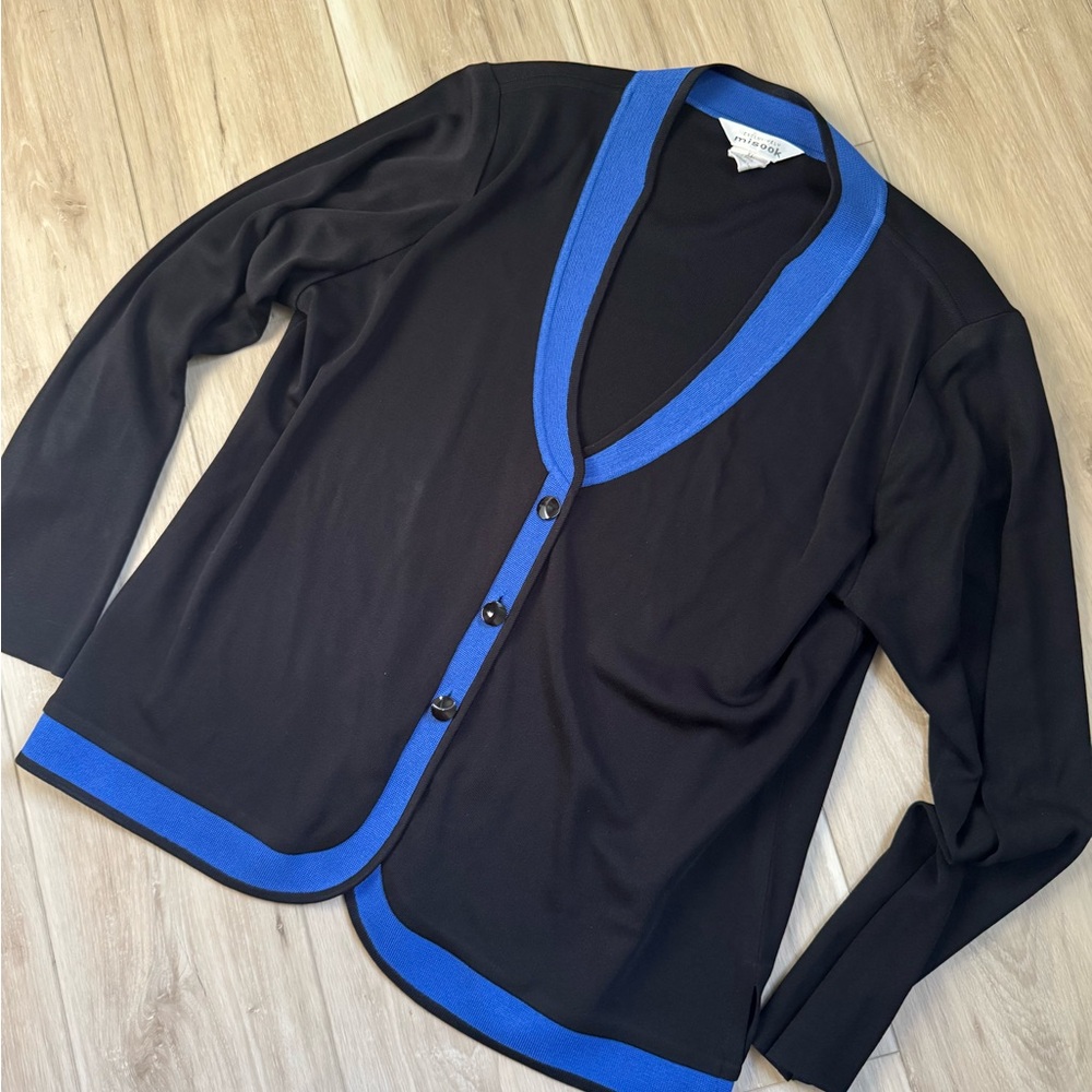Misook Black Cardigan Jacket with Blue Trim